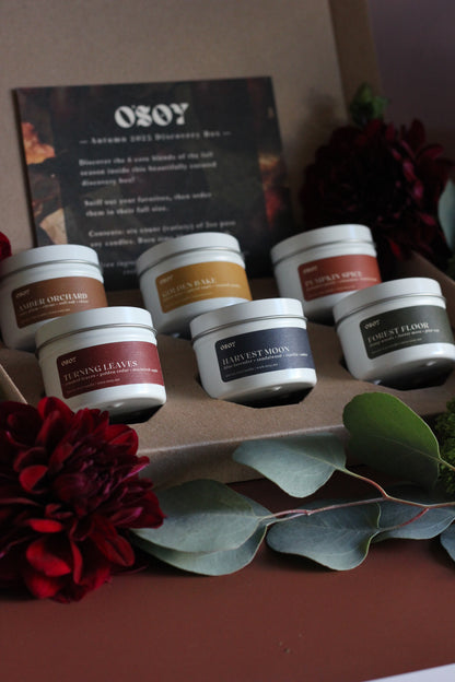 Set of small jars with labels on a box, surrounded by flowers and leaves.